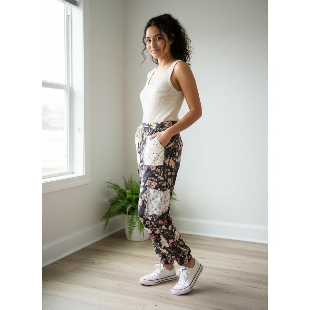 Floral Patchwork Cargo Pants Boho Eyelet Lace Joggers Dark Floral Distressed